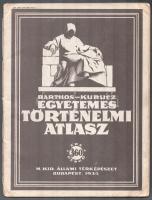 Barthos-Kurucz: Egyetemes Történelmi Atlasz. Bp., 1935, M. Kir. Állami Térképészet, 40 p. Papírkötésben, kissé sérült gerinccel, első lapon sérüléssel és korabeli könyvkereskedői bélyegzővel, néhány kevés lapon ceruzás jegyzettel és firkával.