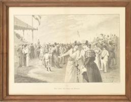 Richard Lotter (1856-?) után: A lóverseny győztese (Der Sieger des Rennens). Rotációs fametszet, papír, jelzett a metszeten. Richard Bong kiadása, 1892. Moderne Kunst, Illustrierte Zeitschrift VI. 24. Üvegezett fakeretben. 30x47 cm