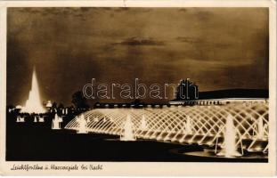 1937 Düsseldorf, Schaffendes Volk, Leuchtfontäne ü. Wasserspiele bei Nacht / light fountain, water games at night. photo + So. Stpl (small tear)
