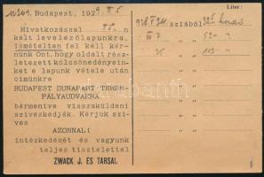 1929 Zwack J. és Társai Likőrgyárosok üzleti levelező-lap