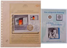 NSZK 1989D 10M Ag "40 éves az NSZK" német nyelvű tanúsítvánnyal + 1992D 1M Ag dekoratív ajándék emléklapon postatiszta NSZK bélyeggel T:XF,UNC patina, kis ph, karc  FRG 1989D 10 Mark Ag "40 Year - German Federal Republic" + 1992D 1 Mark on a decorative cardboard with FRG stamp C:XF,UNC patina, small edge error, scratch