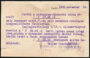 1931 Koestlin L. és Társai R.T. Győr üzleti levelező-lap