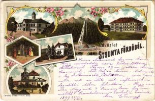 1899 (Vorläufer) Stubnyafürdő, Túróchévíz, Stubnianske Teplice, Turcianske Teplice; Kápolna, Új fürdőház, Kertész lak, Stefánia-forrás, Zöld tükör fürdő. Schneider & Lux / chapel, new spa, bath, spring, villa. Art Nouveau, floral, litho (EM)