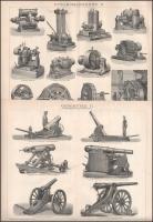 cca 1890-1900 12 db műszaki, hajózási, militária témájú illusztráció a Brockhaus Konversations-Lexikon 14. kiadásából. Nyomat, papír. 21x27 cm