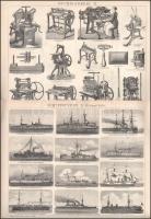 cca 1890-1900 12 db műszaki, hajózási, militária témájú illusztráció a Brockhaus Konversations-Lexik...