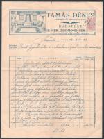 1942 Bp., Tamás Dénes bádogos és szerelőmester fejléces számlája, az elvégzett munka részletes leírásával, aláírással, 2f illetékbélyeggel