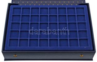 "Pro Collect" textil borítású éremtartó dobozka 6db kivehető tálcával, összesen 351 férőhellyel, maximum 23x23mm (3db tálca) és 33x33mm (3db tálca) méretű érmék számára. Újszerű állapotban.