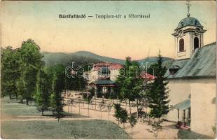 1913 Bártfa, Bártfafürdő, Bardejovské Kúpele, Bardiov, Bardejov; Templom tér a főforrással. Neumann Viktor kiadása / square, main spring source (EB)