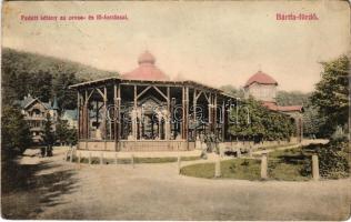 1911 Bártfa, Bártfafürdő, Bardejovské Kúpele, Bardiov, Bardejov; Fedett sétány az Orvos és Főforrással. Eschwig és Hajts kiadása / promenade, spring sources, spa (r)