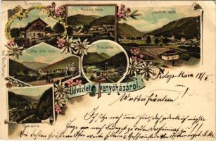 1898 (Vorläufer) Fenyőháza, Lubochna; Új szálloda, Középső rész, Csiga útról nézve, Ilka útról nézve, Alsó zsilip, Felső zsilip. Gál Emil kiadása / spa, hotel, road, general view, dam. Art Nouveau, floral, litho (fa)