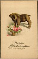 Die besten Glückwünsche zum neuen Jahre / New Year greeting art postcard with dog and flowers