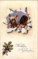 Herzlichen Neujahrsgruss / New Year greeting art postcard with dogs. H.H.i.W. Ser. 1606. (EK)