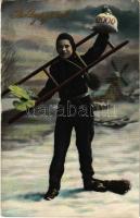 Boldog Újévet / New Year greeting art postcard with chimney sweeper, clovers and a bag of gold (EK)