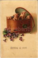 Boldog Újévet / New Year greeting art postcard with pigs and flowers. litho (fl)
