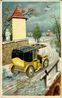Boldog Újévet / New Year greeting art postcard with automobile, snowman (EK)