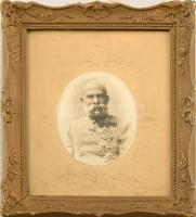 cca 1890-1900 I. Ferenc József császár és király portréfotója kitüntesékkel, dekoratív dombornyomott címeres és koronás paszpartuval, Viribus Unitis felirattal, jelzés nélkül. Korabeli üvegezett, kissé sérült fakeretben, 11,5x9 (paszpartu: 22x16) cm