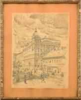 Darvasy jelzéssel (Darvassy/Darvasi István?): Budapesti forgatag, 1930-as évek. Ceruza, papír. Dekoratív, üvegezett fakeretben, hátoldalán Neustadtl budapesti képkeretező korabeli címkéjével. 28x21 cm