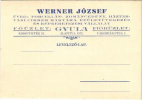 ~1940 Gyula, Werner József üveg-, porcelán-, zománcedény, háztartási cikkek raktára, épületüvegezés és képkeretezési vállalat reklámja