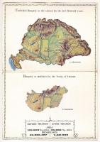 Az ezeréves egységes Magyarország és a trianoni béke szörnyszülöttje: Trianon előtt és után; kihajtható képeslap. Kiadja az Urmánczy Akció / Hungarian irredenta propaganda, map of Hungary before and after the Treaty of Trianon, folding card (hajtásnál szakadt / bent til broken)