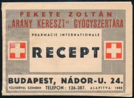 Fekete Zoltán "Arany Kereszt" Gyógyszertára (Bp. Nádor utca 24.) receptboríték