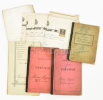 1896-1907 Stern Lajos izraelita származású ügyvéd gimnáziumi és elemi iskolai papírjai, 3 db értesítő könyvecske, 1 db elemi iskolai bizonyítvány, valamint gimnáziumi bizonyítványok 7 db, 5 db 30f és 1 db 1K okmánybélyeggel.
