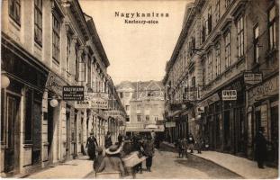 Nagykanizsa, Kazinczy utca, Kaufmann Mór férfi szabó, Salgó Imre úri és női divatáruháza, címfestő, ...