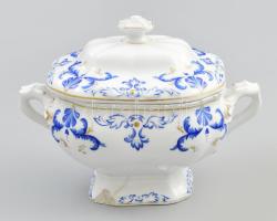 Bécsei fajansz kínáló edény, fedéllel. Kézzel festett, formaszámmal jelzett, sérüléssel 22x12 cm