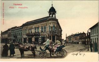 Versec, Werschetz, Vrsac; Fő tér hintóval, Takarékpénztár, Frisch Hugó, Johann Dimitrijevits, Josef Unger és Dusán Romits, lovashintó. Kehrer Lajos kiadása / Hauptplatz / main square, savings bank, shops, horse cart