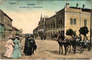 Versec, Werschetz, Vrsac; Városház tér, lovas hintó, üzletek. Özv. Kirchner J.E. kiadása / town hall, square, horse chariot (fl)