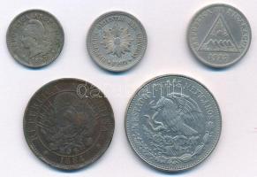 5db-os vegyes közép- és dél-amerikai érmetétel, közte Argentína 1884. 2c bronz + 1897. 10c Cu-Ni + M...