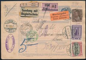 1914 Szállítólevél 4 bélyeges vegyes bérmentesítéssel Bécsből Svájcba küldve francia vámmentes jelzéssel / Parcel card with 4-stamp franking from Vienna to Switzerland