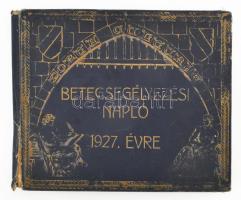 1927 Betegsegélyezési Napló. Előjegyzési naptár 1927. évre. Munkaadókat és alkalmazottakat, valamint munkabiztosító- (vállalati) pénztári alkalmazottakat és orvosokat érdeklő törvénykivonatokkal (legújabb rendeletekkel), táblázatokkal és tudnivalókkal. Összeáll. és kiadja: Ujváry Rezső. Bp., Pallas-ny., (3)+376+(3) p. + XVI p. Kiadói aranyozott egészvászon-kötés, kopottas borítóval, sérült gerinccel.