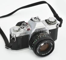 Canon AV1 fényképezpőgép 3 klf objektívvel, vakuval, egyéb tartozákokkal