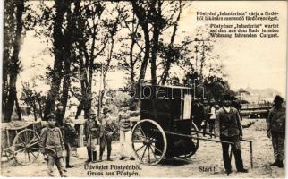 Pöstyén, Piestany; Start! Infanterista várja a fürdőből a lakására menendő fürdővendéget, fürdőkocsisok. Gipsz H. 380. / spa carriages waiting for the guests (Rb)