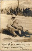1913 Tátraszéplak, Tatranska Polianka, Westerheim (Magas-Tátra, Vysoké Tatry); Első kísérlet, téli sport, szánkózás / winter sport, sledding. photo (Rb)
