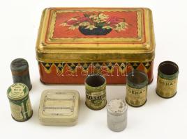 Fém dobozok, haltáp, teás, filmes