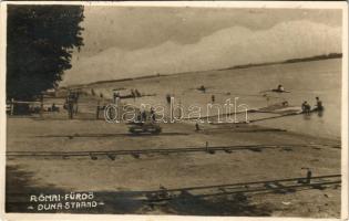 1931 Budapest III. Rómaifürdő, Római fürdő; Duna strand, fürdőzők, evezős csónakok. photo (fl)