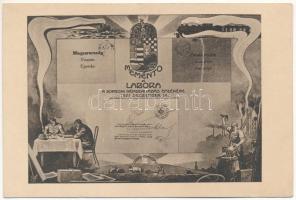 Sopron, Memento et Labora. A soproni népszavazás emlékére 1921. december 14. Krug: Tüzek a Végeken c. művéből a felkelő-emlék alapra. Lobenwein Harald fotóműterme / memorial postcard of the Hungarian Referendum in Sopron s: Bartha (ázott / wet damage)