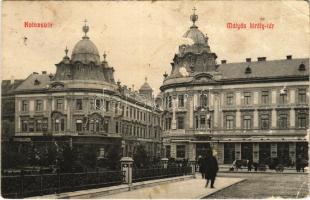 1914 Kolozsvár, Cluj; Mátyás király tér, Deutsch József és Társa, Ifj. Graf Lőrincz üzlete. Triesti Általános Biztosító Társaság Főügynöksége, The Cresham Vezér Életbiztosító Társaság Erdélyrészi Vezérügynöksége. Lenage Lajos kiadása / square, shops (EB)