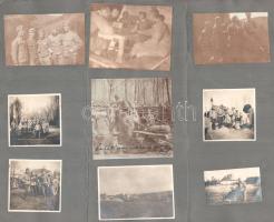 cca 1914-1918 Katonai életképek, 9 db albumlapra ragasztott fotó, hátoldalon vöröskeresztes nővér, 4×6 és 9×8,5 cm közötti méretekben