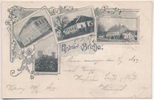 1899 (Vorläufer) Brinje, Uciona, Kotarska oblast, Braca Prpic, Frankopanska Gradina Brinje / Iskola, Kerületi hivatal, Prpic Testvérek üzlete, Sokolac vára / school, district office, shop, castle ruins. Art Nouveau, floral (ázott / wet damage)