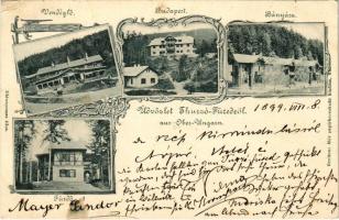1899 (Vorläufer) Thurzófüred, Kupele Turzo (Gölnicbánya, Gelnica); Vendéglő, Budapest és Bányász villa, Fürdő. Breitner Mór kiadása / restaurant, villas, bath, spa. Art Nouveau, floral (r)