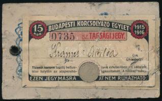 1915-1916 Budapesti Korcsolyázó Egylet fényképes tagsági jegy, kopott, foltos, sérült képpel.