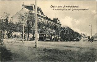 Nagyszeben, Hermannstadt, Sibiu; Hermannsplatz mit Bretterpromenade / Fő tér, villamosok. Karl Graef kiadása / main square, trams