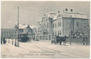 Nagyszeben, Hermannstadt, Sibiu; Neujahrsgrusse, Schewisgasse mit Korpskommandanten Palais / Schewis utca, Hadtestparancsnokság palota, villamos télen, újévi üdvözlet. Karl Graef kiadása / New Year greeting, street, Army Headquarters palace, tram in winter