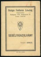 1939 Az Országos Frontharcos Szövetség segélyigazolványa kitöltve, pecsételve, fizetési igazoló szelvényekkel, jó állapotban. Dr. Sárkány (Stern) Lajos, zsidó származású személy részére.