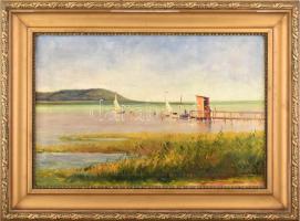 vitéz Oláh József (?-?), működött a XX. sz. első felében: Balatoni vitorlások és fürdőzők. Olaj, vászon, jelezve jobbra lent. Dekoratív, kissé sérült fakeretben. 40x60 cm