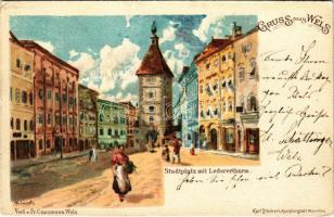 1898 (Vorläufer) Wels, Stadtplatz mit Ledererturm / square, tower. litho (EK)