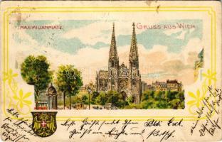 Wien, Vienna, Bécs; Maximilianplatz / square, church, coat of arms. Art Nouveau, floral, litho (EB)