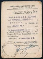 1945 Gestapo-Fogházviseltek Köre igazolványa, zsidó származású személy részére.